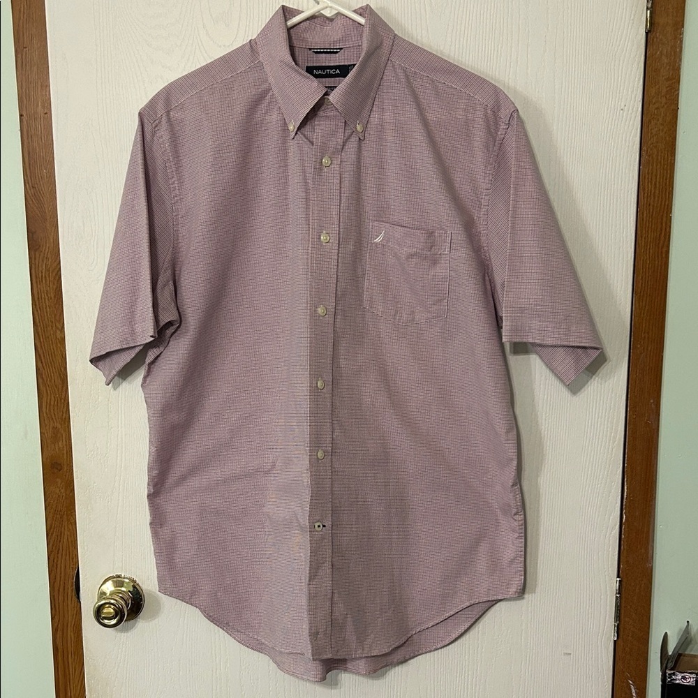 Nautica Men's Casual Button-Down Short Sleeved Shirt Red White and Blue